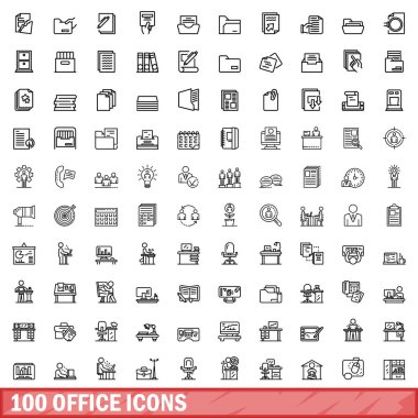 100 ofis simgesi ayarlandı. Beyaz arkaplanda izole edilmiş 100 ofis simgesi vektörünün taslağı