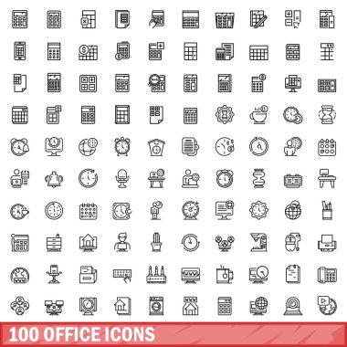 100 ofis simgesi ayarlandı. Beyaz arkaplanda izole edilmiş 100 ofis simgesi vektörünün taslağı