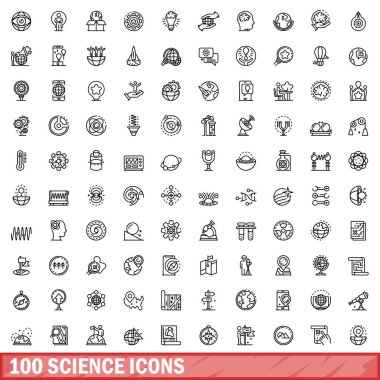 100 bilim ikonu ayarlandı. Beyaz arkaplanda izole edilmiş 100 bilim simgesi vektörünün ana hatları