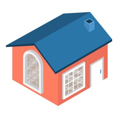 Yeni ev ikonu izometrik vektörü. Baca ikonlu modern bir bina. Konut, inşaat, mimari