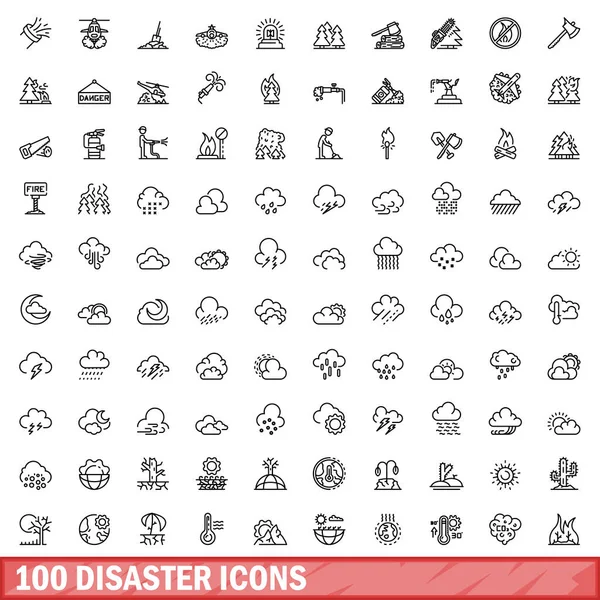 100 Iconos Del Desastre Esquema Ilustración 100 Iconos Desastres Conjunto — Vector de stock