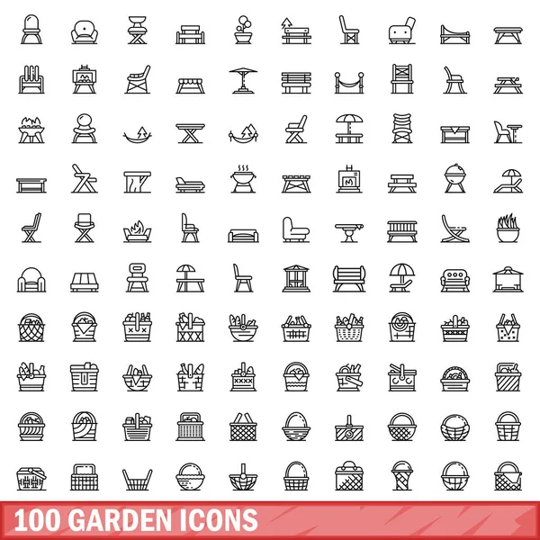 stock vector 100 garden icons set. Outline illustration of 100 garden icons vector set isolated on white background