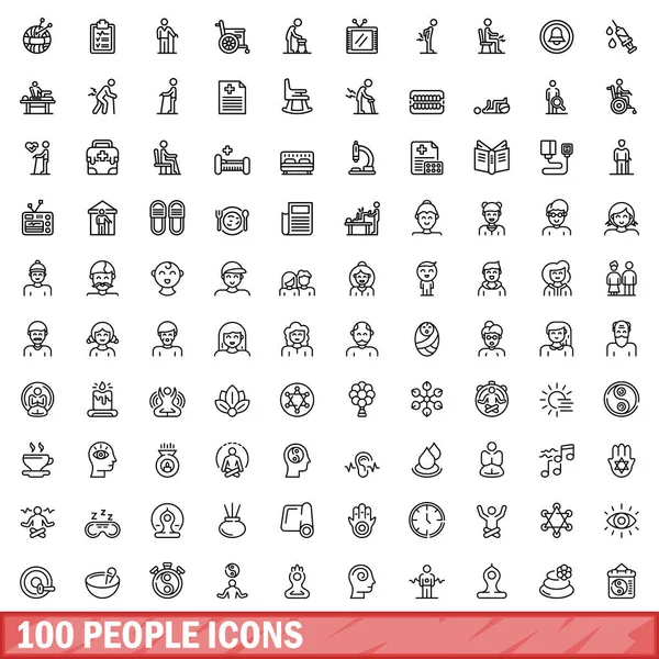 Conjunto Iconos 100 Personas Esquema Ilustración 100 Personas Iconos Vector — Vector de stock