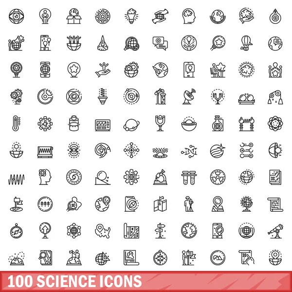 100 Iconos Ciencia Establecidos Esquema Ilustración 100 Iconos Científicos Vector — Vector de stock