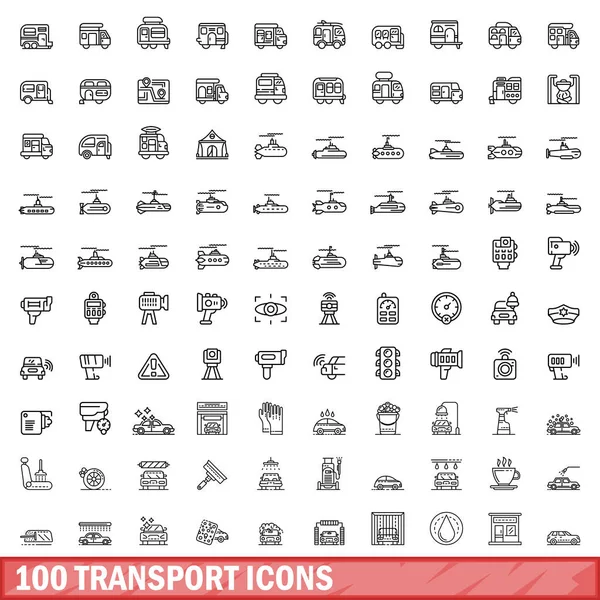 100 Ikon Transportu Nastaveno Obrys Ilustrace 100 Ikon Transportu Vektorové — Stockový vektor
