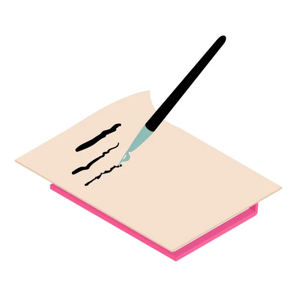 Изометрический Вектор Значка Письма Руки Фонтанная Ручка Пишет Бумажном Листе — стоковый вектор