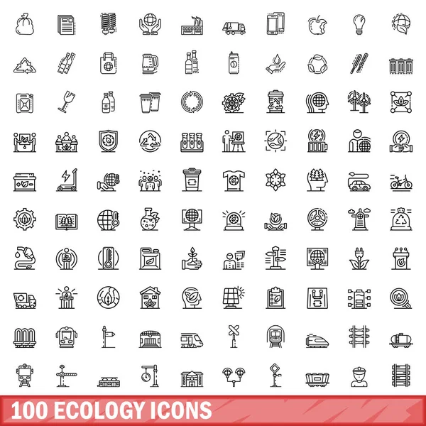 100 Iconos Ecología Esquema Ilustración 100 Iconos Ecología Vector Conjunto — Vector de stock