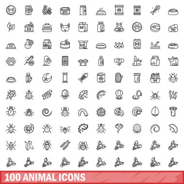 100 hayvan ikonu hazır. Beyaz arkaplanda izole edilmiş 100 hayvan simgesi vektörünün taslağı