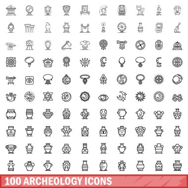 100 arkeoloji simgesi ayarlandı. Beyaz arkaplanda izole edilmiş 100 arkeoloji simgesi vektörünün taslak çizimi