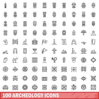 100 arkeoloji simgesi ayarlandı. Beyaz arkaplanda izole edilmiş 100 arkeoloji simgesi vektörünün taslak çizimi