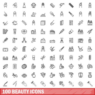 100 güzellik simgesi belirlendi. Beyaz arkaplanda izole edilmiş 100 güzellik simgesi vektörünün taslağı