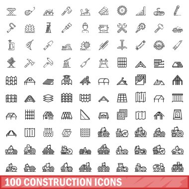100 inşaat ikonu ayarlandı. Beyaz arkaplanda izole edilmiş 100 yapı ikonu vektörünün taslağı