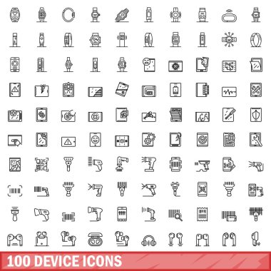 100 aygıt simgesi ayarlandı. Beyaz arkaplanda izole edilmiş 100 aygıt simgesi vektörünün taslak çizimi