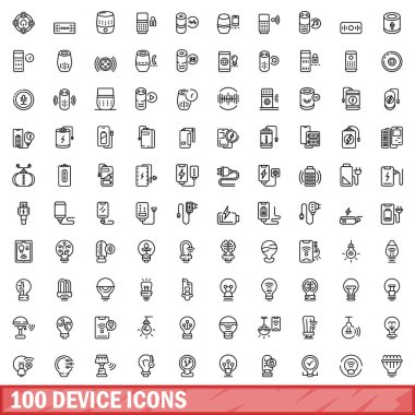 100 aygıt simgesi ayarlandı. Beyaz arkaplanda izole edilmiş 100 aygıt simgesi vektörünün taslak çizimi