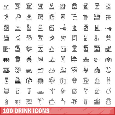 100 içecek ikonu hazır. Beyaz arkaplanda izole edilmiş 100 içecek ikonu vektörünün taslağı