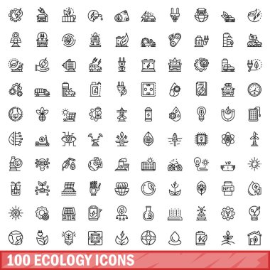 100 ekoloji ikonu ayarlandı. Beyaz arkaplanda izole edilmiş 100 ekoloji ikonu vektörünün taslağı