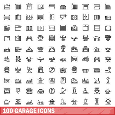 100 garaj simgesi ayarlandı. Beyaz arkaplanda izole edilmiş 100 garaj simgesi çizimi