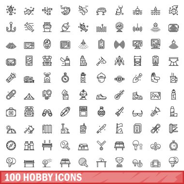 100 hobi simgesi seti. Beyaz arkaplanda izole edilmiş 100 hobi simgesi vektörünün ana hatları