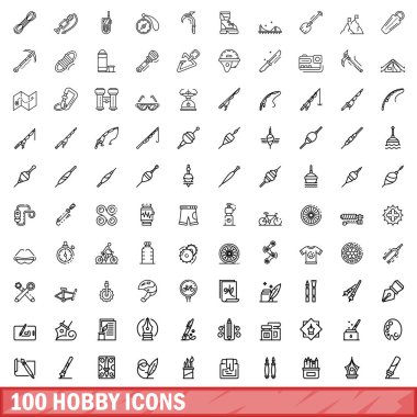 100 hobi simgesi seti. Beyaz arkaplanda izole edilmiş 100 hobi simgesi vektörünün ana hatları