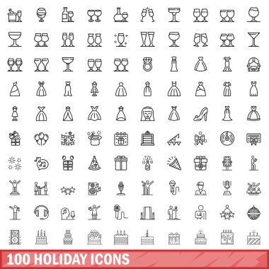 100 tatil ikonu. Beyaz arkaplanda izole edilmiş 100 tatil simgesi vektörünün taslağı