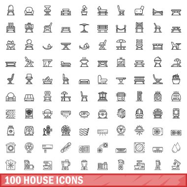 100 tane ev simgesi. Beyaz arkaplanda izole edilmiş 100 ev simgesi vektörünün taslak çizimi