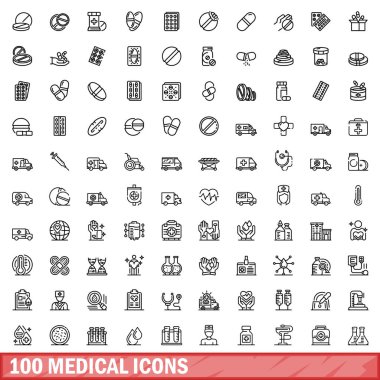100 tıbbi ikon hazır. Beyaz arkaplanda izole edilmiş 100 tıbbi simge vektörünün taslağı
