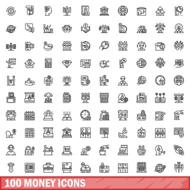 100 para ikonu ayarlandı. Beyaz arkaplanda izole edilmiş 100 para simgesi vektörünün taslağı