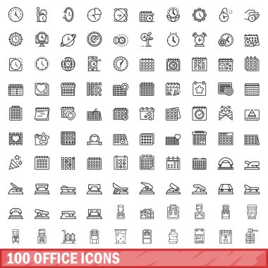 100 ofis simgesi ayarlandı. Beyaz arkaplanda izole edilmiş 100 ofis simgesi vektörünün taslağı