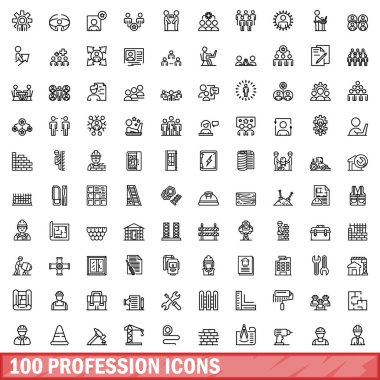 100 meslek simgesi belirlendi. Beyaz arkaplanda izole edilmiş 100 mesleki simge vektörünün taslağı