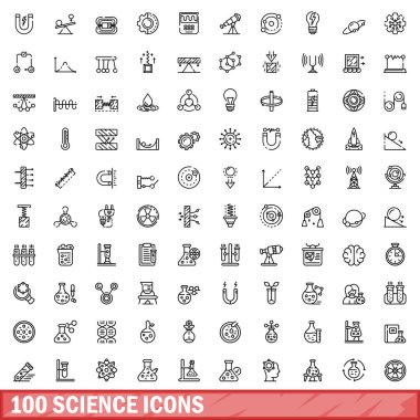 100 bilim ikonu ayarlandı. Beyaz arkaplanda izole edilmiş 100 bilim simgesi vektörünün ana hatları