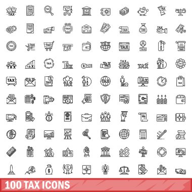 100 vergi ikonu ayarlandı. Beyaz arkaplanda izole edilmiş 100 vergi simgesi vektörünün ana hatları