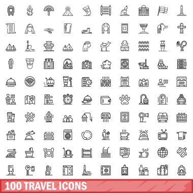 100 seyahat simgesi ayarlandı. Beyaz arkaplanda izole edilmiş 100 seyahat simgesinin taslak çizimi