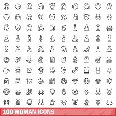 100 kadın ikonu hazır. Beyaz arkaplanda izole edilmiş 100 kadın simge vektörünün taslağı