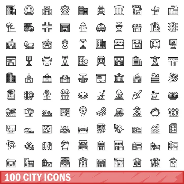 100 Şehir Simgesi Ayarlandı Beyaz Arkaplanda Izole Edilmiş 100 Şehir — Stok Vektör
