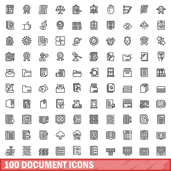 100 Iconos Documento Configurados Esquema Ilustración 100 Iconos Documento Conjunto — Vector de stock