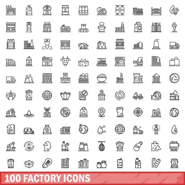 100 Iconos Fábrica Establecidos Esquema Ilustración 100 Iconos Fábrica Conjunto — Vector de stock
