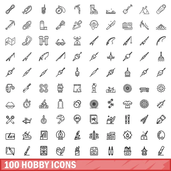 100 hobi simgesi seti. Beyaz arkaplanda izole edilmiş 100 hobi simgesi vektörünün ana hatları
