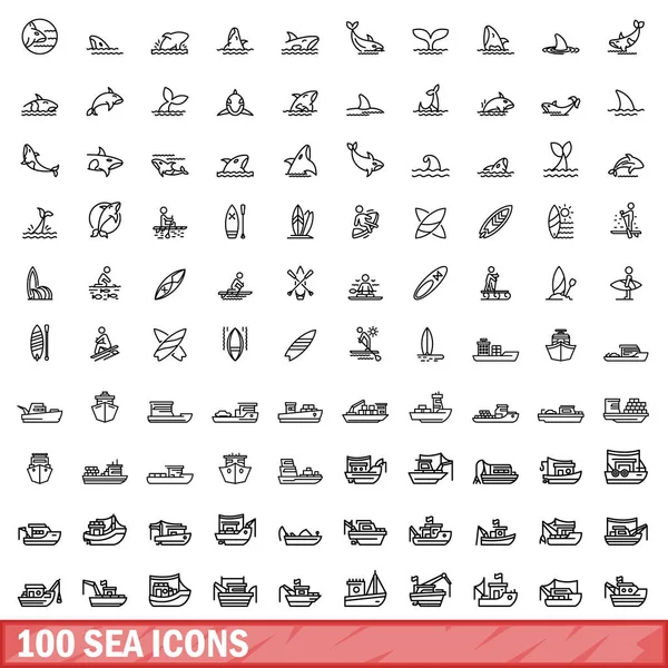 100 Ícones Mar Desenho Ilustração 100 Ícones Mar Conjunto Vetorial — Vetor de Stock