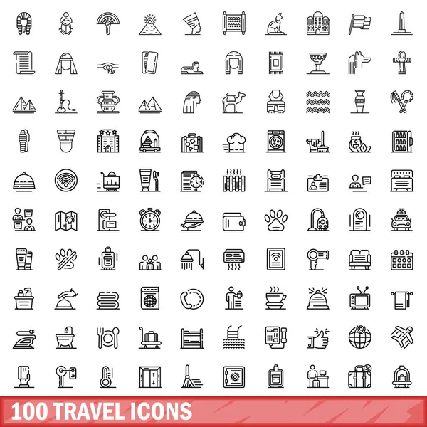 100 Iconos Viaje Esquema Ilustración 100 Iconos Viaje Vector Conjunto — Archivo Imágenes Vectoriales