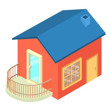 Kulübe ikonu izometrik vektörü. Yuvarlak balkon ikonu olan modern bir hikaye evi. Konut, inşaat, mimari