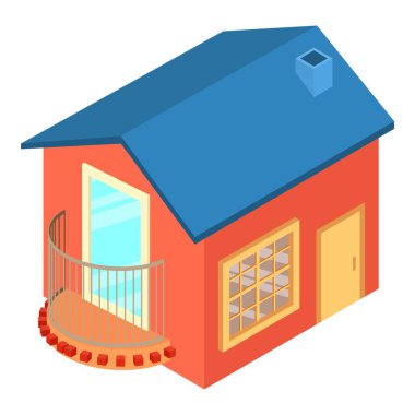 Aile evi ikonu izometrik vektörü. Açık balkonlu yeni bir bina. Konut, inşaat, mimari
