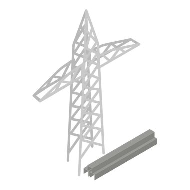 Enerji ikonu izometrik vektörü. Güç hattı pilonu ve çelik parmaklık. Yüksek voltajlı enerji iletim kulesi, sanayi altyapısı, elektriklendirme