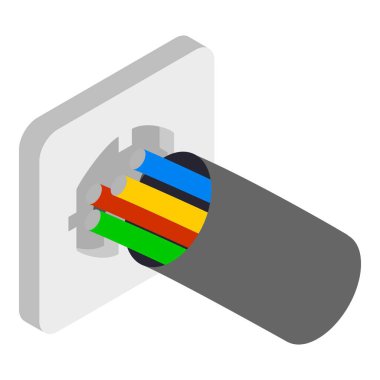 Elektrik teknolojisi ikonu izometrik vektörü. Çok renkli elektrikli kabil, soket. Güç kaynağı kablosu ve elektrik ekipmanlarının kesiti