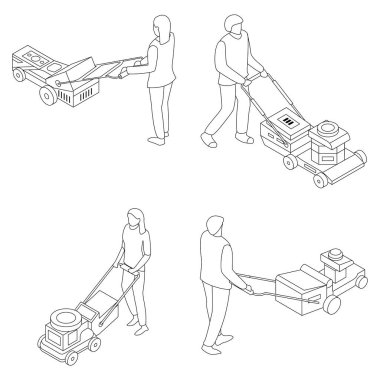 Çim biçme makinesi simgesi seti. Isometric set çim biçme makinesi vektör simgeleri ana hatları ince lne beyaz üzerinde izole