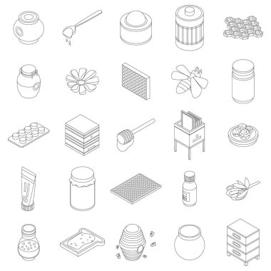 Apiary simgesi ayarlandı. Arı vektör simgelerinden oluşan Isometric kümesi ana hatları ince lne beyaz üzerinde izole