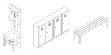 Spor soyunma odası ikonları hazır. Isometric set spor soyunma odası vektör simgeleri ince çizgi beyaz lne izole