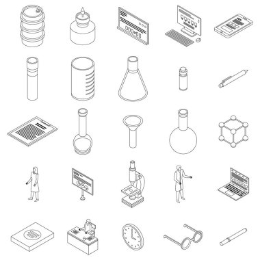 Kimyasal laboratuvar deney simgeleri ayarlandı. Isometric set kimyasal laboratuvar deney vektör simgeleri ince hat beyaz lne izole