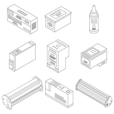 Kartuş simgeleri ayarlandı. Isometric set kartuş vektör simgeleri ana hatları ince lne beyaz üzerinde izole