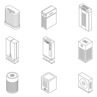 Hava temizleme ikonları ayarlandı. Isometric set hava temizleyici vektör simgeleri ince ana hatları beyaz lne izole