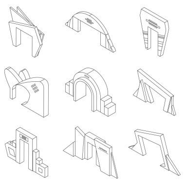 Giriş simgeleri ayarlandı. Isometric set giriş kemer vektör simgeleri ana hatları ince lne beyaz izole